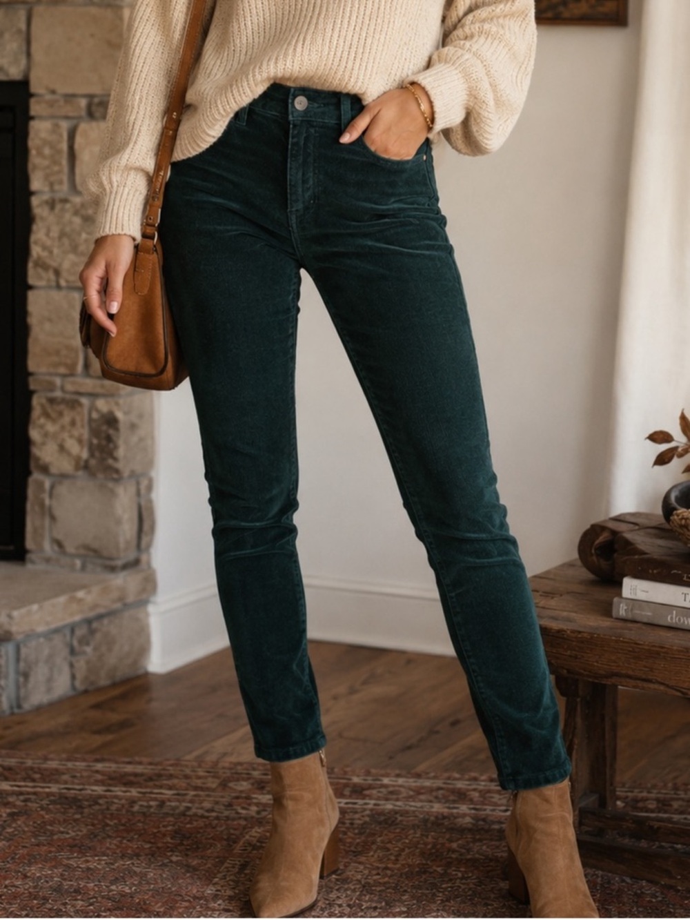 CAbi Cotton Mid-Rise Forest Green Corduroy Ankle Jeans Fall Y’ALL